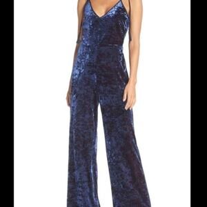 Aerie Dark Blue Velvet Burnout Holiday V-Neck Wide Leg Jumpsuit Womens Size L